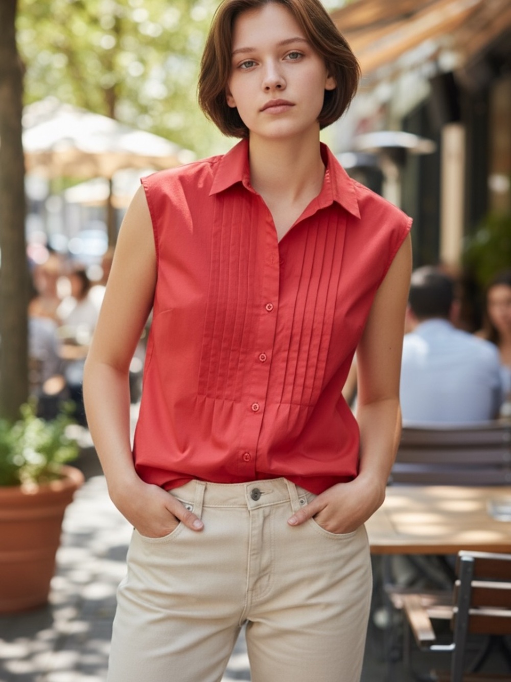 Talbots Sleeveless Red Shirt with pleated bodice, Size 16
